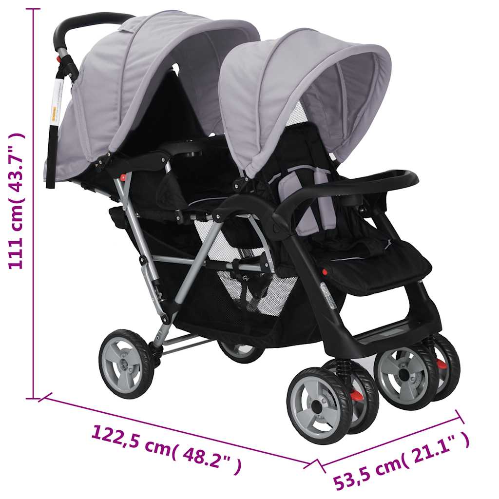 Buggy – Kinderwagen – Plooibuggy – Wandelwagen – Dubbele Buggy – Stalen Frame – Inklapbaar – Zonnekap – Grijs