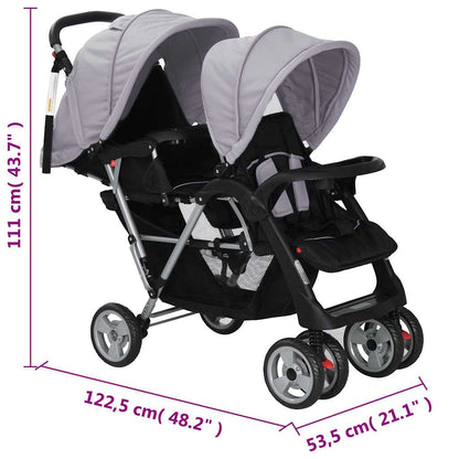 Buggy – Kinderwagen – Plooibuggy – Wandelwagen – Dubbele Buggy – Stalen Frame – Inklapbaar – Zonnekap – Grijs