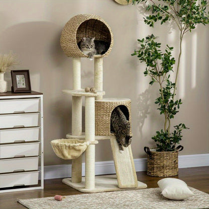 Scratch tree, with cat house, multiple platforms, hammock, scratching mat, tipping protection, beige, 60 x 60 x 150cm, Pet Scratching Post, Indoor Cat Tree, Multilevel Platforms, Cozy Cat House, Scratchresistant Material, Hig