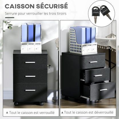 Bureaukast – Ladeblok – Opbergkast – Verrijdbare Kast – Bureau Organizer Zwart – 3 Gelockte Laden – Compact 40x40x61,5 cm