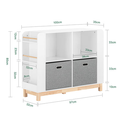 Kinderboekenkast – Kinderboekenrek – Opbergkast – Boekenplank – Speelgoedkast – MDF & rubberhout – 100x80x35 cm – Inclusief Stoffen Opbergboxen