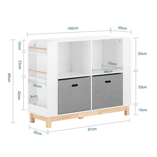 Kinderboekenkast – Kinderboekenrek – Opbergkast – Boekenplank – Speelgoedkast – MDF & rubberhout – 100x80x35 cm – Inclusief Stoffen Opbergboxen
