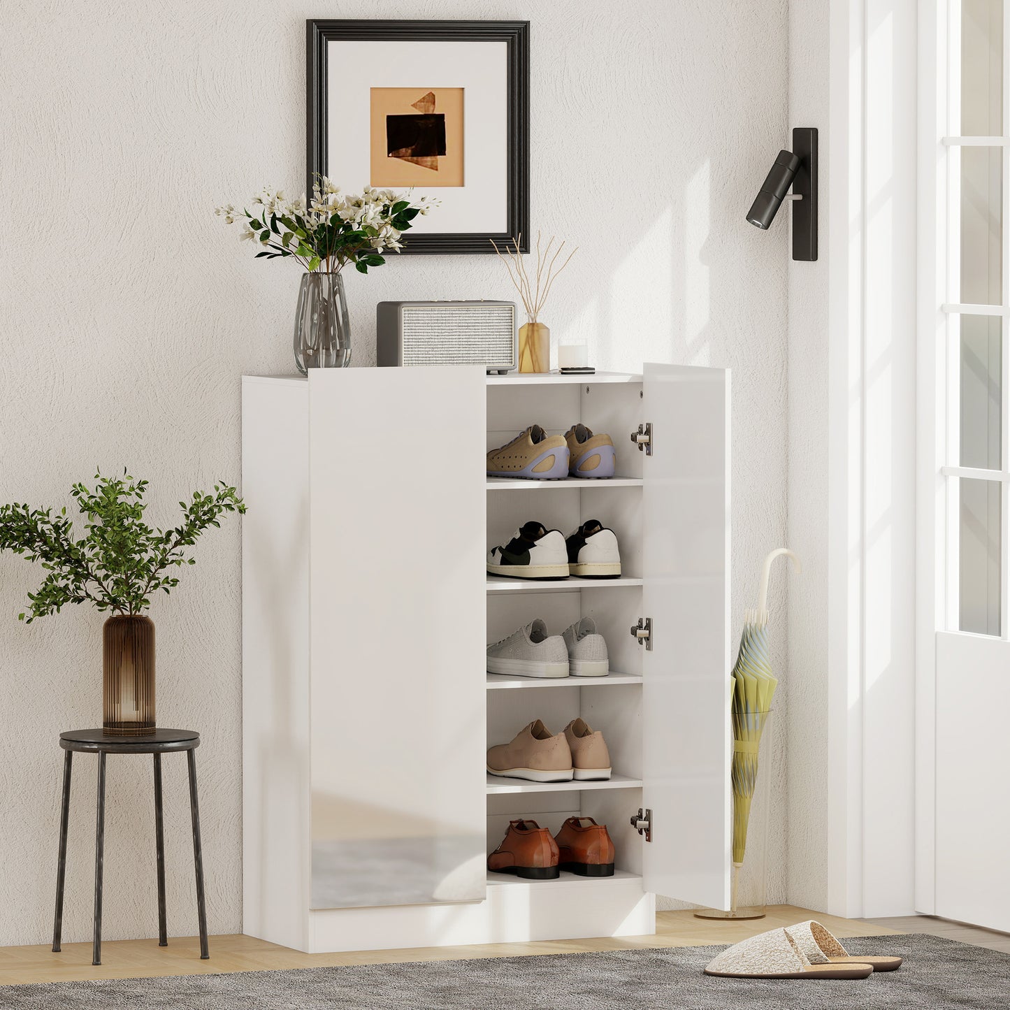 Schoenenrek – Schoenenkast – Schoenopberger – Schoenstelling – Schoenenplank – Wit Houten 5-Lagen – Verstelbare Planken – Geschikt Voor 20 Paar Schoenen