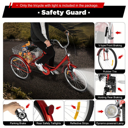 Driewieler – Volwassen Driewieler – Driewieler Fiets – Driewieler Voor Volwassenen – Rode Driewieler – 6 Versnellingen – 24 Inch Met Winkelmand