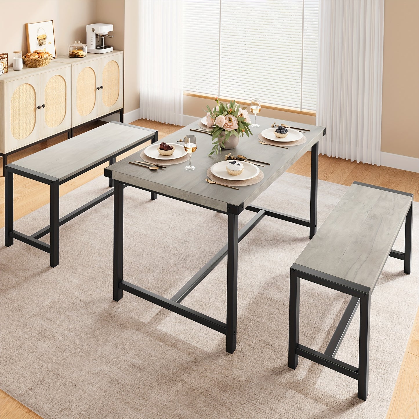 Bar Tafel Set – Bistro Set – Bar Meubel – Eettafel Set – Compact Meubel – Ruimtebesparend Design – Drie-Laagse Opbergruimte – Grijs MDF & Metaal