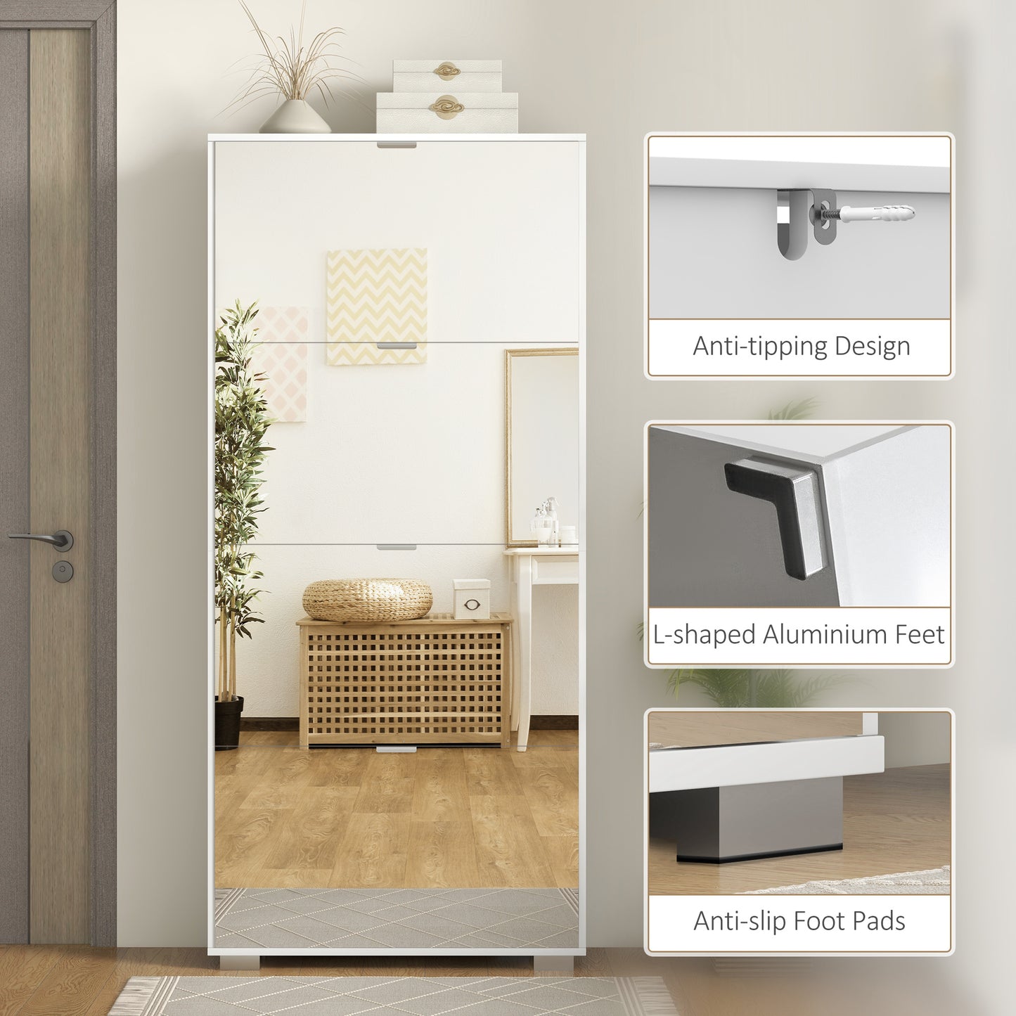 Schoenenkast – Schoenenrek – Schoenenopberger – Hal meubel – 2-in-1 met smalle spiegel – 4 draaideuren met verstelbare planken – Compact 76x26x168 cm – Wit