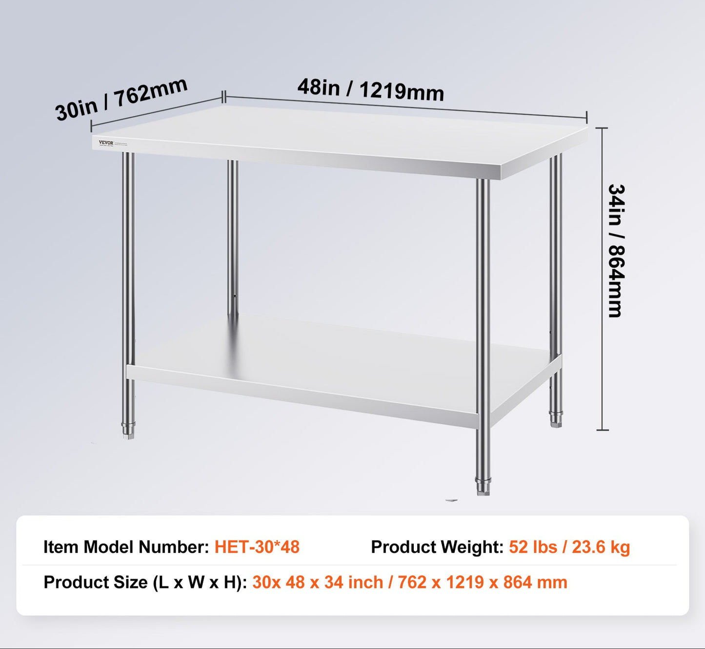 RVS Werktafel – Roestvrijstalen Werkbank – Keukentafel – Werkbank Met Planken – Met Verstelbare Legplaat – 122x86x76 cm – 0,8 mm Dikte – 3-niveau Verstelbaar