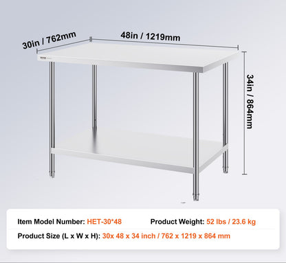 RVS Werktafel – Roestvrijstalen Werkbank – Keukentafel – Werkbank Met Planken – Met Verstelbare Legplaat – 122x86x76 cm – 0,8 mm Dikte – 3-niveau Verstelbaar