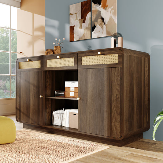 Dressoir – Ladekast – Opbergkast – Buffetkast – Kast – Walnootlook Met Gouden Rieten Handgrepen – 120 cm Breedte Met Verstelbare Planken
