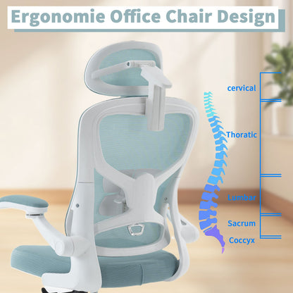 Bureaustoel – Office Chair – Ergonomische Stoel – Draaistoel – Kantoorstoel – Verstelbare Lendensteun – 360° Draaibaar – Memory Foam Zitting – Opklapbare Armleuningen – Hoofdsteun – Zwart-Cyaan