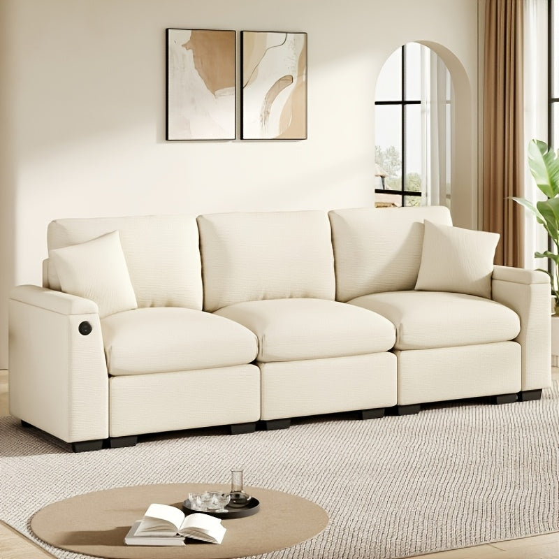 3-Zits Bank – Hoekbank – Slaapbank – Loveseat – Convertible Bank – Inklapbare Tafel – Bamboe Frame Met Opbergruimte – Licht Beige Katoen – Ruimtebesparend Multifunctioneel Design