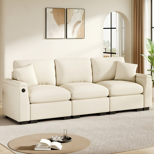3-Zits Bank – Hoekbank – Slaapbank – Loveseat – Convertible Bank – Inklapbare Tafel – Bamboe Frame Met Opbergruimte – Licht Beige Katoen – Ruimtebesparend Multifunctioneel Design