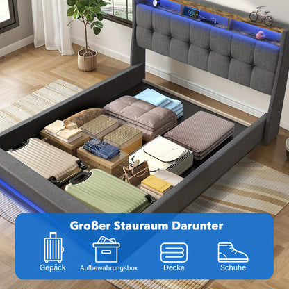 Tweepersoonsbed Frame 160x200 cm met Onderbed Opbergruimte – Modern Platformbed met USB LED, Verstelbare Hoogte (26 cm), Grijs Gestoffeerd Hoofdeinde & Voetbord