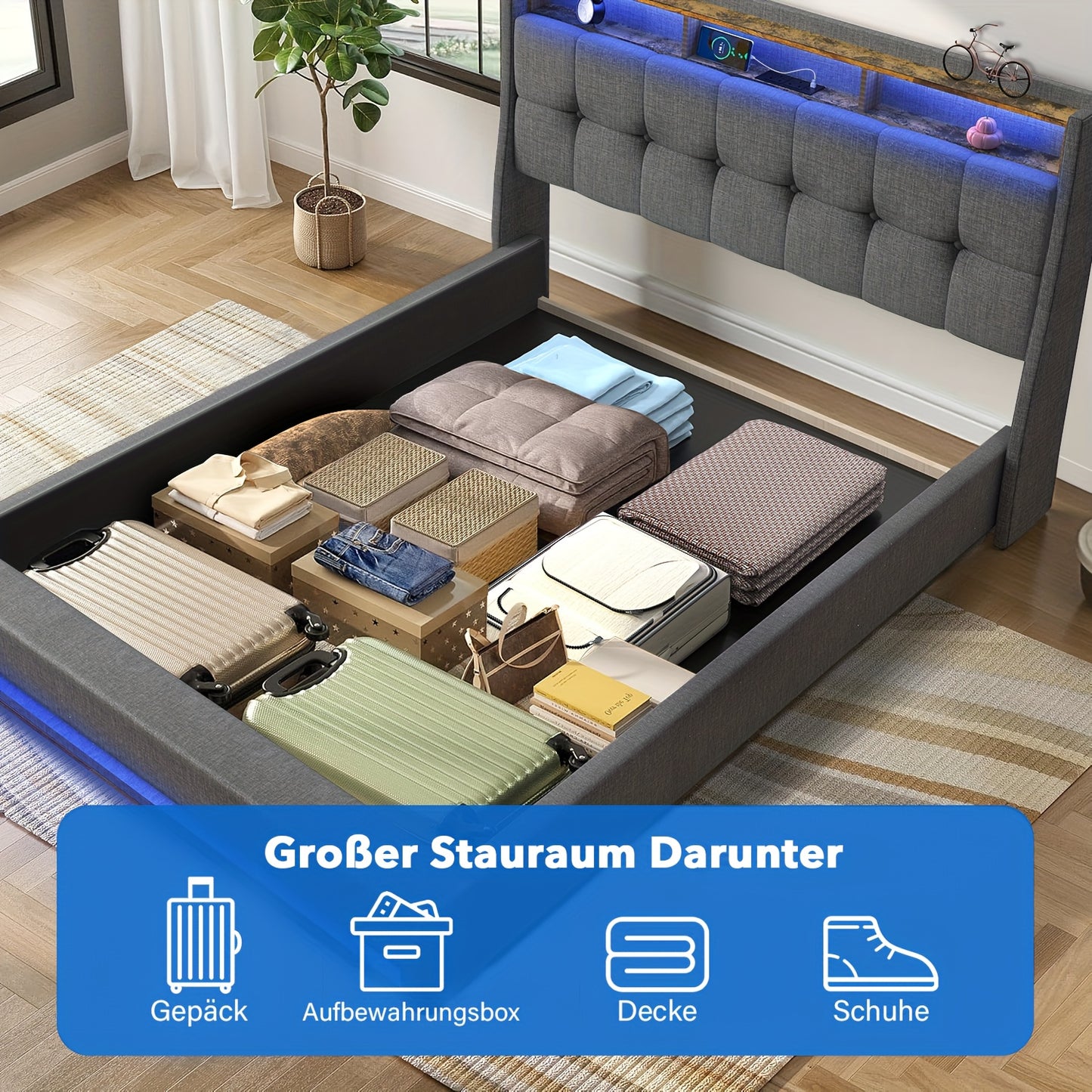 Twijfelaarbed – Gestoffeerd Bed – Opbergbed – Hydraulisch Bed – Linnen Bed – 90x200 cm – Hydraulisch Liftmechanisme – LED-kopverlichting blauw/wit