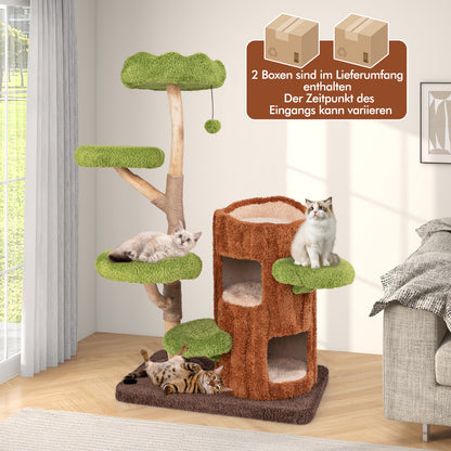 Kattenkrabpaal – Krabboom – Kattentoren – Krabmeubel – Kattenhuis – Tweelaagse Kattengrot – Stevig Houten Frame – Sisal Krabpaal Met Speelbal – Bruin Groen 80x50x141 cm