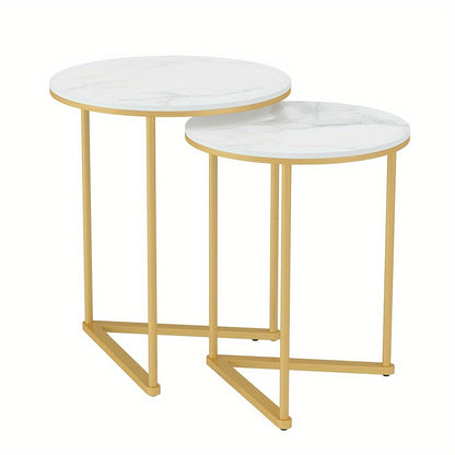 Salontafel – Bijzettafel – Koffietafel – Tafeltje – Nesting Table – Modern Rond Design – Wit Sintersteen Blad – Gouden Metalen Frame