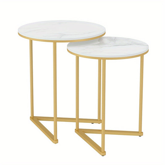 Salontafel – Bijzettafel – Koffietafel – Tafeltje – Nesting Table – Modern Rond Design – Wit Sintersteen Blad – Gouden Metalen Frame