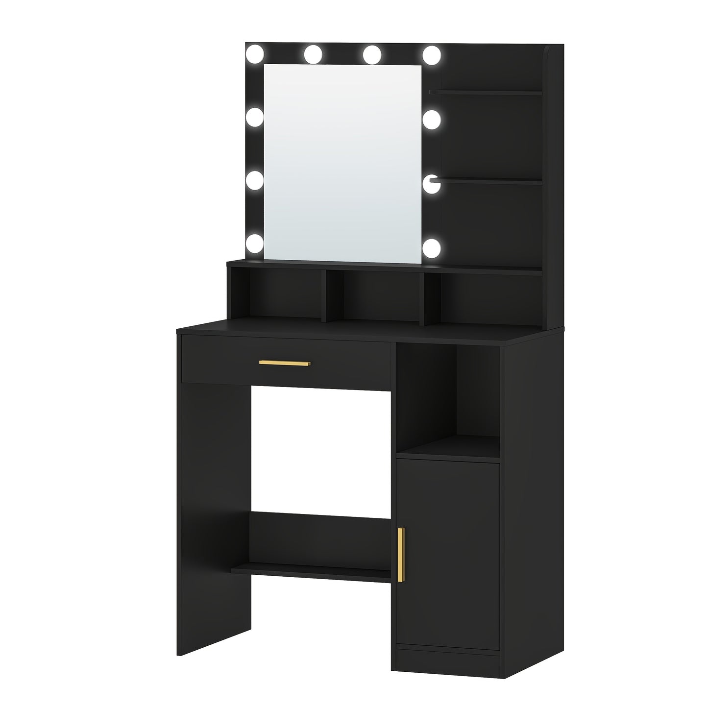 Kaptafel – Make-up Tafel – Opmaaktafel – Vanity – Spiegeltafel – LED Verlichting – Ruime Opbergruimte Met Lade En Kast – Modern Zwart
