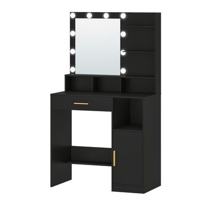 Kaptafel – Make-up Tafel – Opmaaktafel – Vanity – Spiegeltafel – LED Verlichting – Ruime Opbergruimte Met Lade En Kast – Modern Zwart