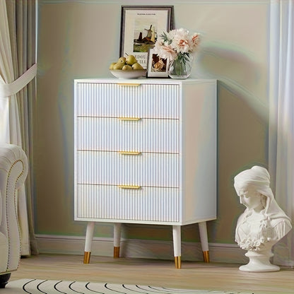 White Bohemian Dresser with Golden-Toned Legs & 4-Drawer Fluted Cabinet - Modern Small Chest of Drawers, ≥68.58cm Height, ≥3.2 Cu Ft Storage, Assembly Required for Bedroom,W Office - Versatile Furniture Organizer, Dresser