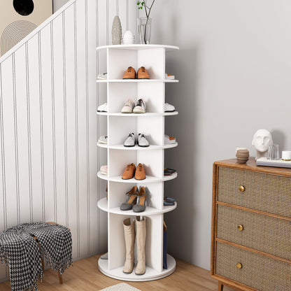 6-tier Rotating Shoe Rack | 360° Swivelling, Accommodates 24 Pairs of Shoes, Extra-High Base for Storing Boots, White, Metal, Floor Mount, Dimensions: 60x60x161cm