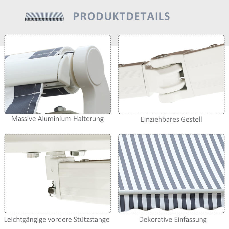 Knikarmscherm – Verstelbaar Zonnescherm – Uitschuifbaar Scherm – Inklapbare Luifel – Handbediend Zonnescherm – 2,95 x 2,45 meter – Weerbestendig Aluminium – Lichtgrijs-Wit