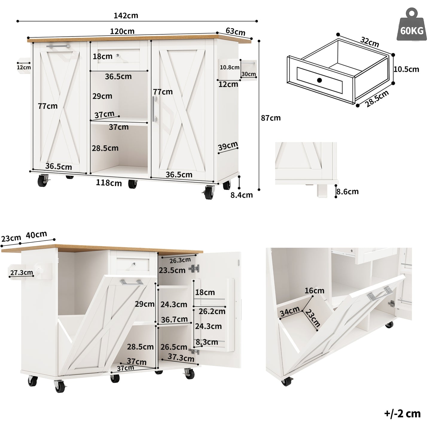 Keukeneiland – Keukentrolley – Keukenkast – Buffetkast – Serveerwagen – Inklapbaar Werkblad – Verstelbare Planken – MDF 3D Deuren – Metalen Handgrepen – Wit – 142×40/63×87 cm