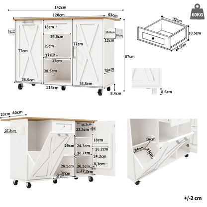 Keukeneiland – Keukentrolley – Keukenkast – Buffetkast – Serveerwagen – Inklapbaar Werkblad – Verstelbare Planken – MDF 3D Deuren – Metalen Handgrepen – Wit – 142×40/63×87 cm