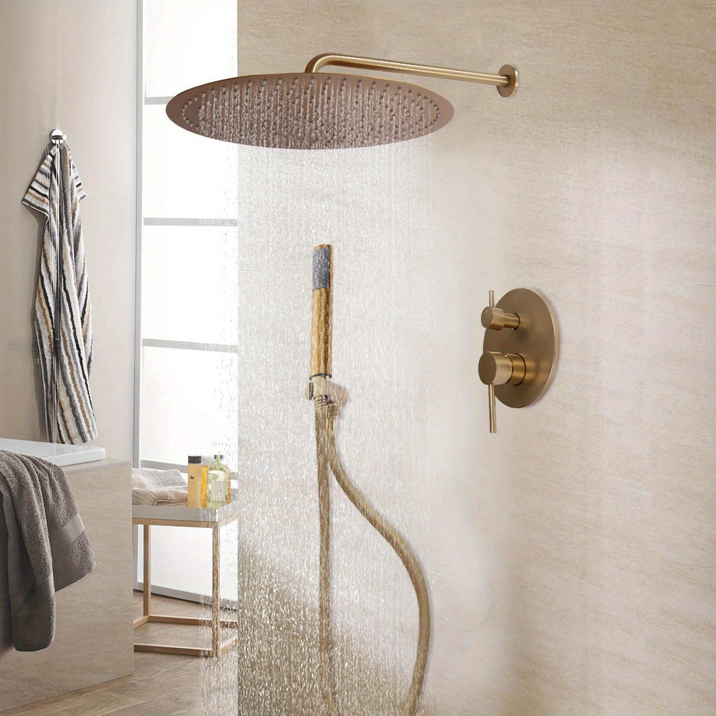 40cm/16in Large Brass Golden Round Wall-Mounted Shower System - Dual Shower Set with Handheld & Rain Shower, Thermostatic Valve, cUPC- Balancing, Quiet Close Valve, Water-Saving Booster Technology (Golden)
