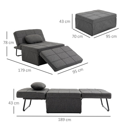 Chaise Longue – Fauteuil – Poef – Loungestoel – Slaapstoel – Verstelbare Rugleuning 5 Standen – Inklapbare Voetensteun – Metalen Frame – Linnen Bekleding – Grijs