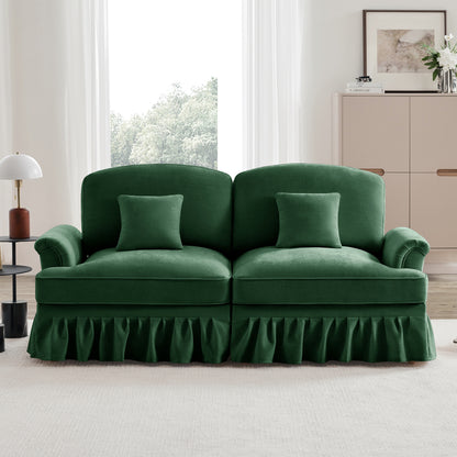 2-zitsbank – zitbank – bankstel – loveseat – tweezits sofa – groene chenille stof – flared armleuningen – afneembare sierrand – modern compact design – comfortabele en duurzame afwerking