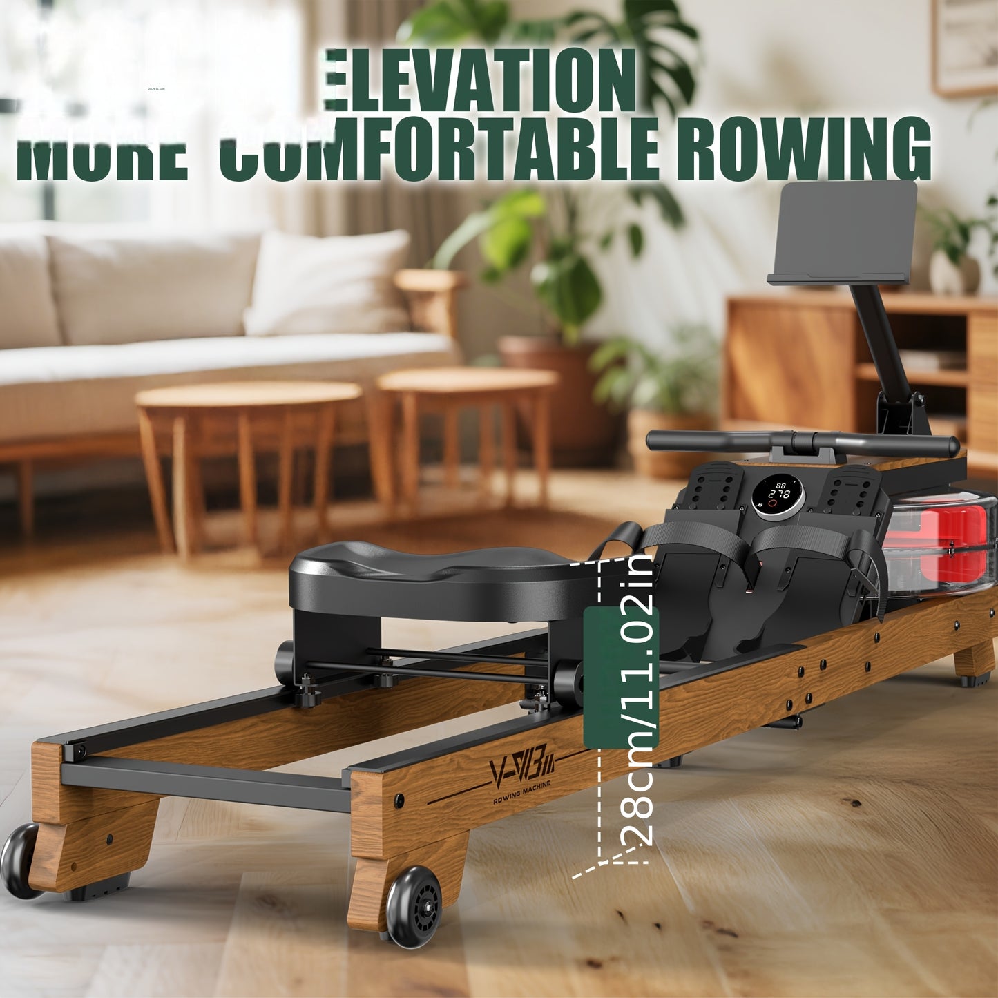 Water Rowing Machine Made Of Wood Foldable Rowing Machine With Wireless Monitor & Tablet Holder, Comfortable Seat, Load Capacity Up To 180 Kg, Without Battery