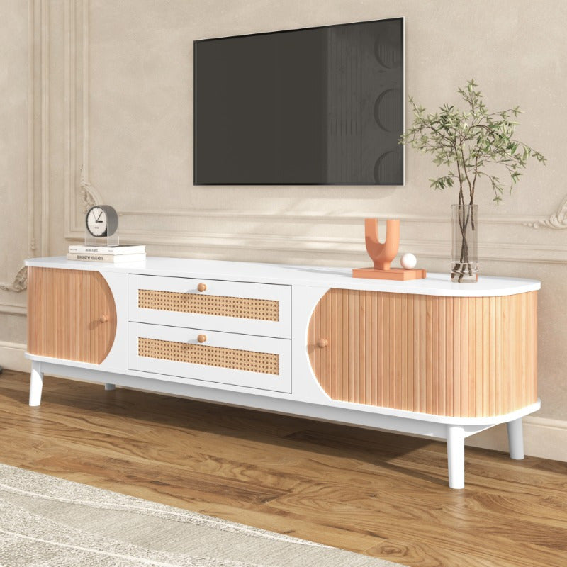 Wood Blend TV Meubel – TV Kast – TV Stand – Entertainment Unit – TV Dressoir – Rattan Zijkanten – Natuurlijke Landelijke Stijl – Met Deuren En Lades