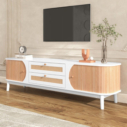 Wood Blend TV Meubel – TV Kast – TV Stand – Entertainment Unit – TV Dressoir – Rattan Zijkanten – Natuurlijke Landelijke Stijl – Met Deuren En Lades