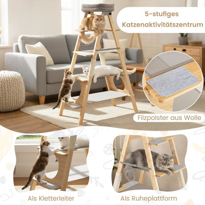 Krabpaal – Kattenboom – Krabmeubel – Kattenhuis – Krabtoren – 5 Niveaus – Massief Dennenhout – Inklapbaar Met Gewatteerde Hangmat