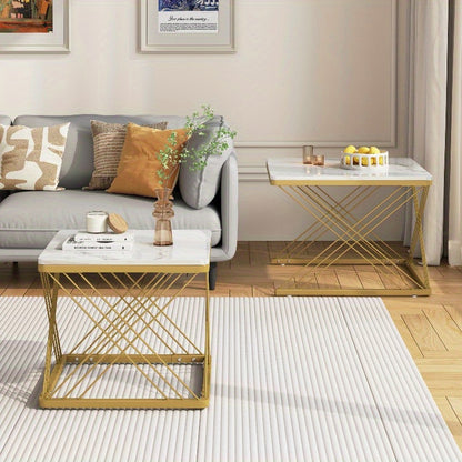 Koffietafel Set – Salontafel – Bijzettafel – Woonkamertafel – Moderne Tafel – Hoogglans Marmer Design – Verstelbare Pootjes 60x60x45cm & 45x45x40cm