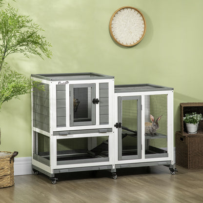 Kippenren Houten Hokken Kippenhok Binnenren Kippenschuur – Grijs Wit – 3 Verdiepingen Met Trap – Wieltjes Met Vergrendeling – Ruim 110x50x86 cm