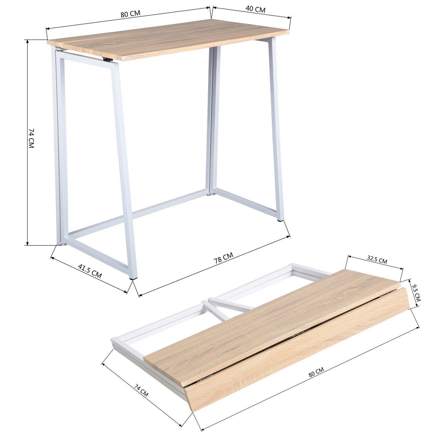 Inklapbaar Bureau – Vouwbureau – Werktafel – Compact Bureau – Laptoptafel – Eikenhout – Stevig Metalen Frame – Scandinavisch Design – 80 x 44 x 74 cm