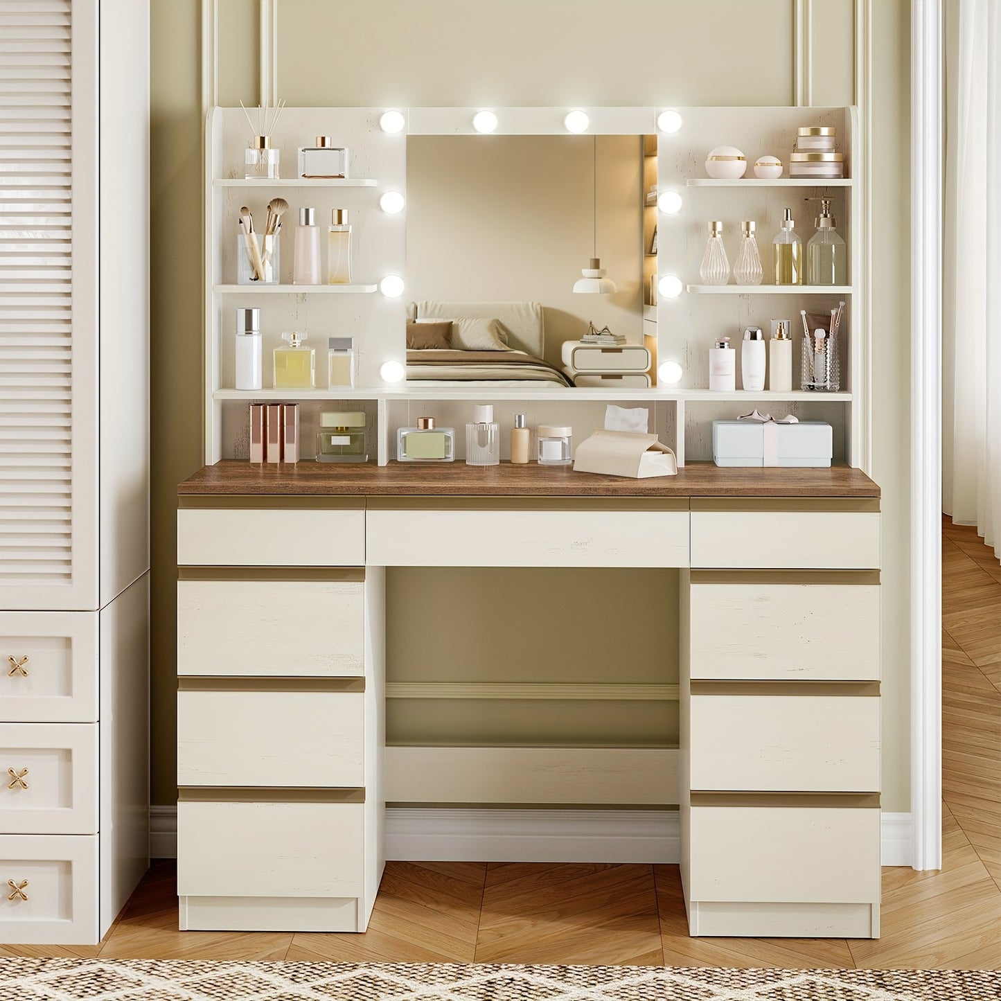 Make-up Tafel – Kaptafel – Visagie Tafel – Makeup Bureau – Dressing Table – Wit met Gouden Accenten – 10 LED-lichtbollen met Instelbare Kleur en Helderheid – Groot HD Spiegeloppervlak