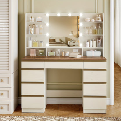 Make-up Tafel – Kaptafel – Visagie Tafel – Makeup Bureau – Dressing Table – Wit met Gouden Accenten – 10 LED-lichtbollen met Instelbare Kleur en Helderheid – Groot HD Spiegeloppervlak