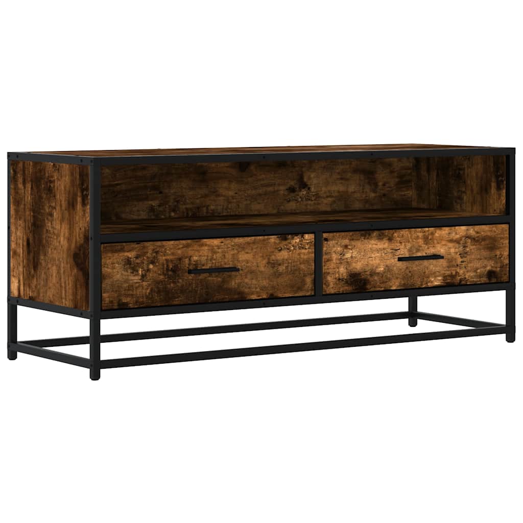 TV Cabinet Smoked Oak 100x34.5x40 cm Engineered Wood and Metal TV Stand Entertainment Center with Storage, Media Television Table for Living Room Bedroom