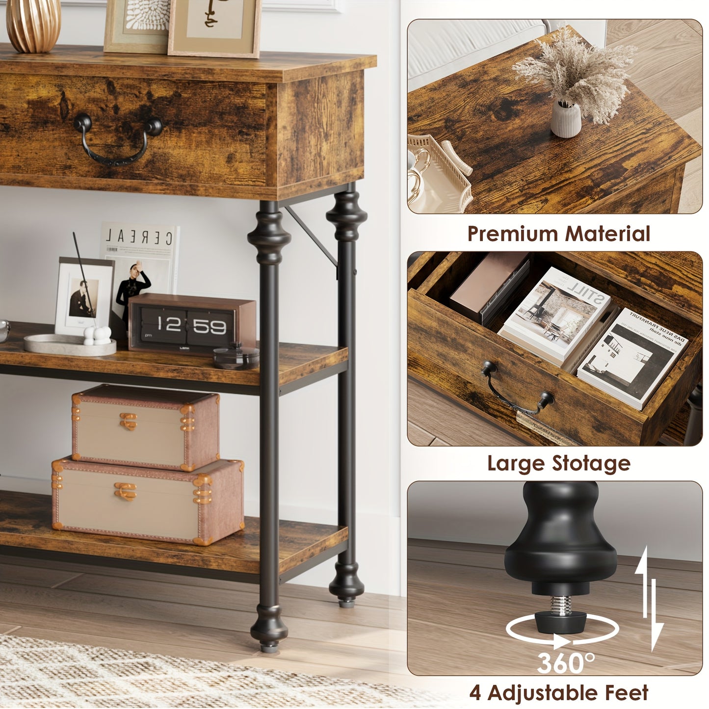Sidetable – Console Tafel – Haltafel – Sofa Tafel – Opbergmeubel – Smal Ontwerp – 2 Lades & Open Planken – Metalen Frame & Houten Blad – Grijs