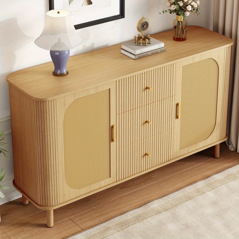 Dressoir – Opbergkast – Ladekast – Buffetkast – Commode – Modern Design – Duurzaam Materiaal – Licht Beige/Natuurlijke Bruin – Met Laden en Open Vakken – Stevige Metalen Poten