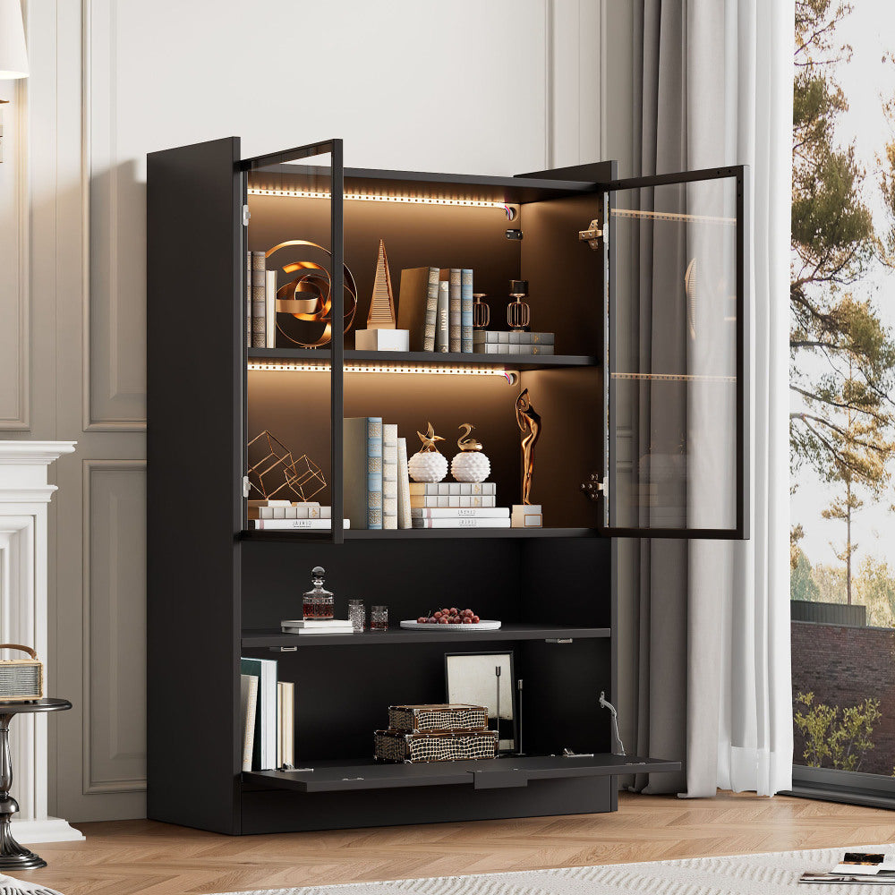 Zijboard – Dressoir – Opbergkast – Vitrinekast – Kast – Mat Zwart – 120 cm Hoogte – Glazen Deuren & Klapdeuren