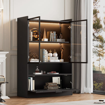 Zijboard – Dressoir – Opbergkast – Vitrinekast – Kast – Mat Zwart – 120 cm Hoogte – Glazen Deuren & Klapdeuren