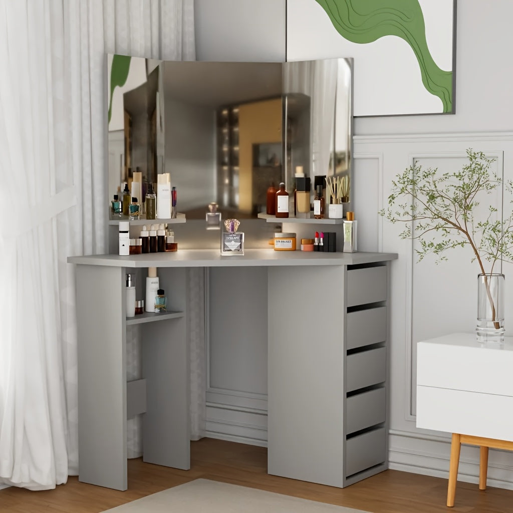 Hoekkosmetische Tafel – Hoekmake-uptafel – Make-uptafel – Kaptafel – Schminktisch – 3 Spiegels – 5 Laden – Ruimtebesparend – Moderne Grijze Styling