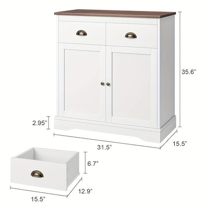 Farmhouse White Buffet Cabinet with Storage, Kitchen Sideboard with 2 Doors and 2 Drawers, Wooden Coffee Bar Cabinet with Shelves for Dining Room, Living Room, Storage Drawer Units