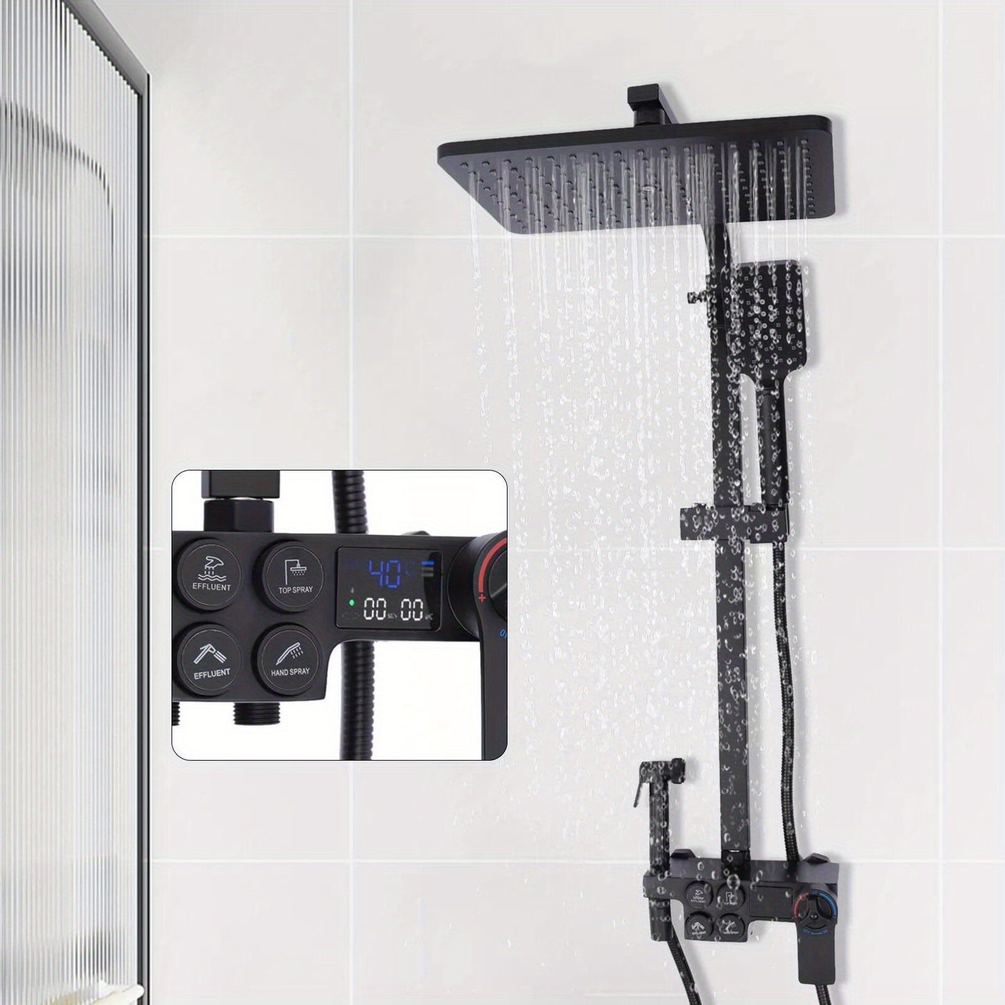 Doucheset – Regendouche – Douchepaneel – Douchekraan – Handdouche – Thermostatisch – Mat Zwart – Messing En RVS – Verstelbare Hoogte 80-120 cm