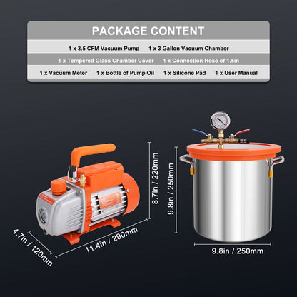 Vacuümkamer – Vakuumkamer – Ontgassingskamer – Vacuümpomp – Verpakkingsmachine – 3 Gallon Capaciteit – 3,5 CFM Enkeltraps Pomp