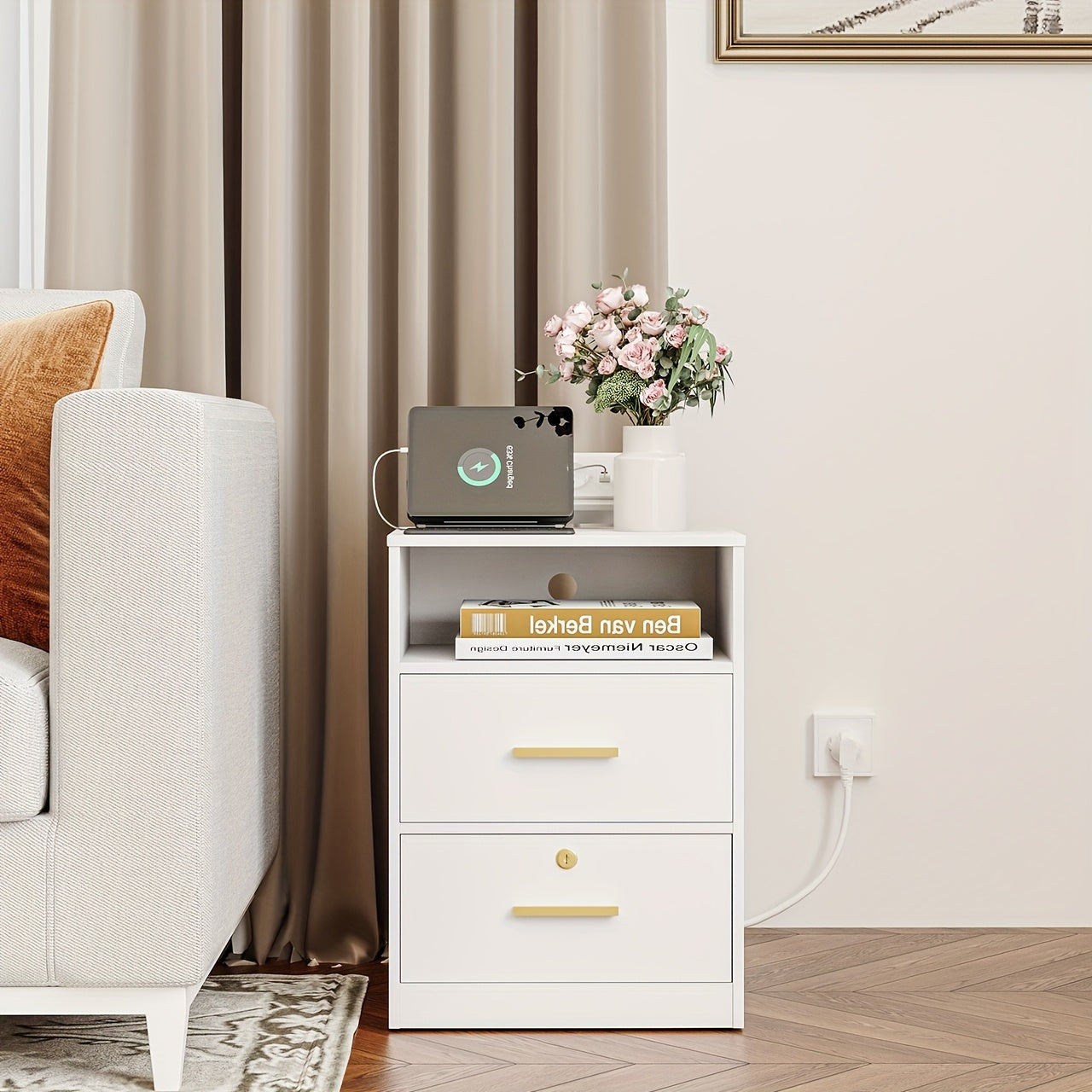 Bedside Table Set Of 2, 1 Open Compartment And 2 Drawers, For Bedroom, Living Room